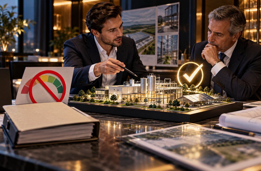 A credit-score gauge set aside while a banker reviews a business project on its merits
