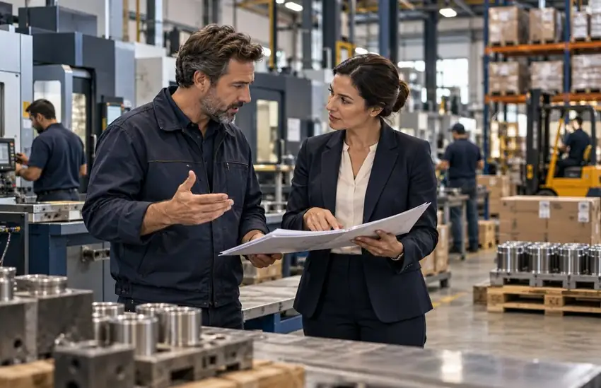 Banker and factory owner beside financed industrial machinery