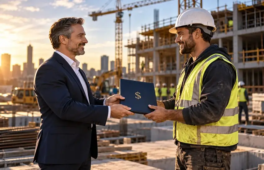 Banker financing a construction entrepreneur and long-term property project