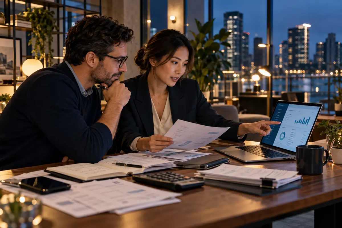 Business owner and finance manager reviewing accounts and statements