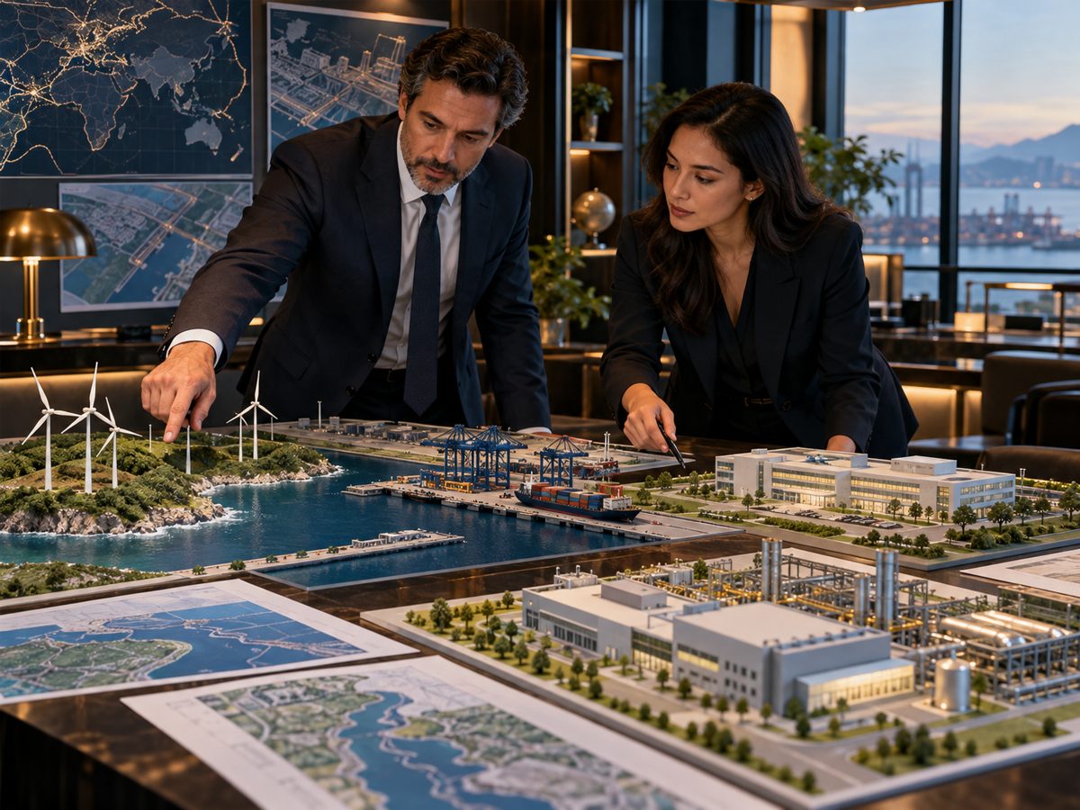 Industry advisers compare physical models of renewable power, port logistics, healthcare, and manufacturing projects