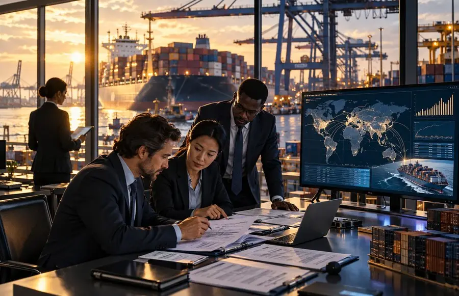 Finance specialists reviewing trade documents beside a port