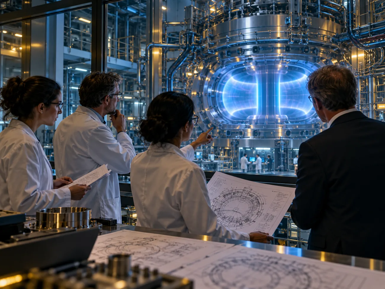 Researchers and adviser examining experimental fusion energy equipment
