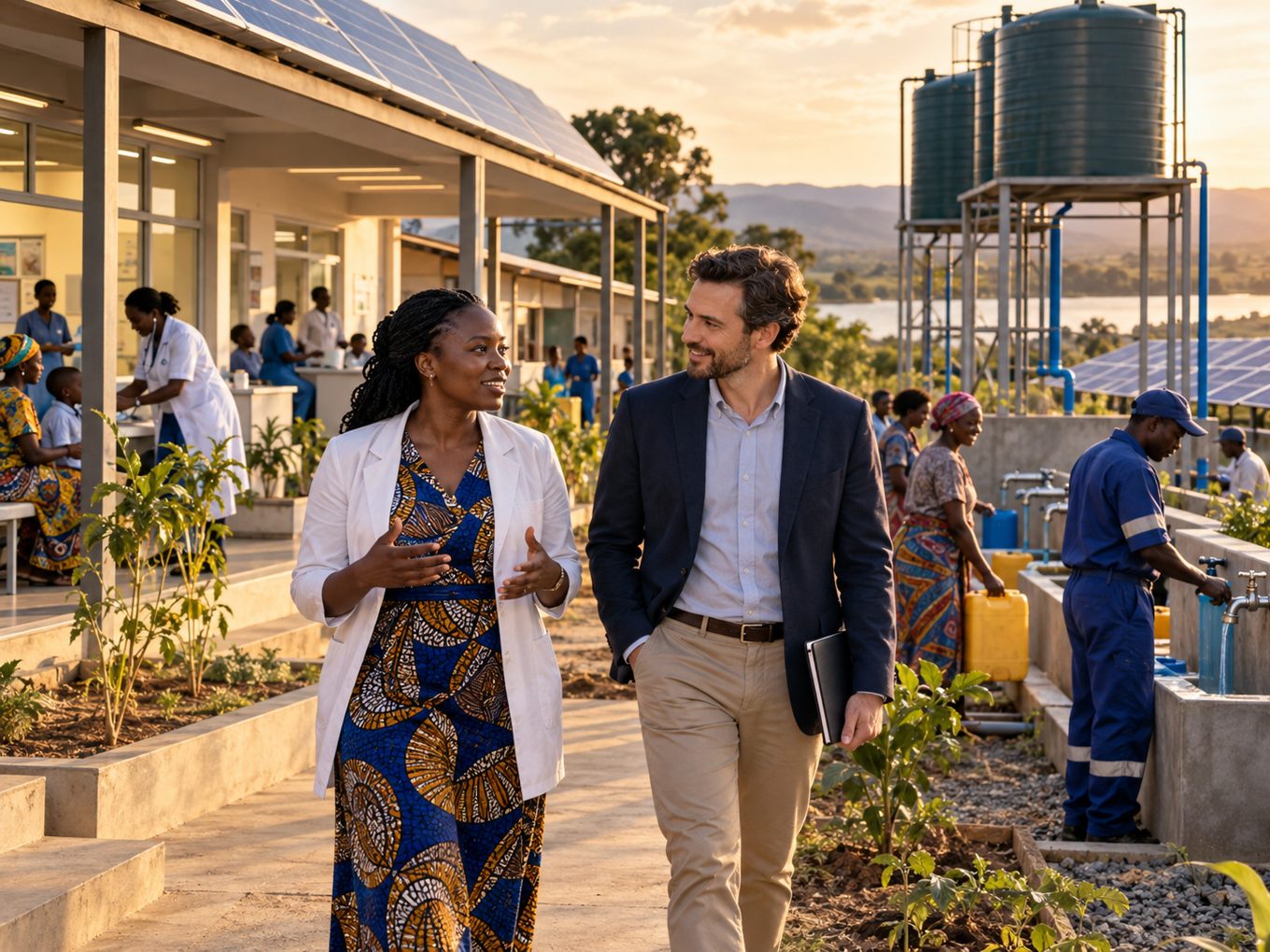 Community health founder and adviser visiting an active clinic, solar infrastructure, and clean water facility
