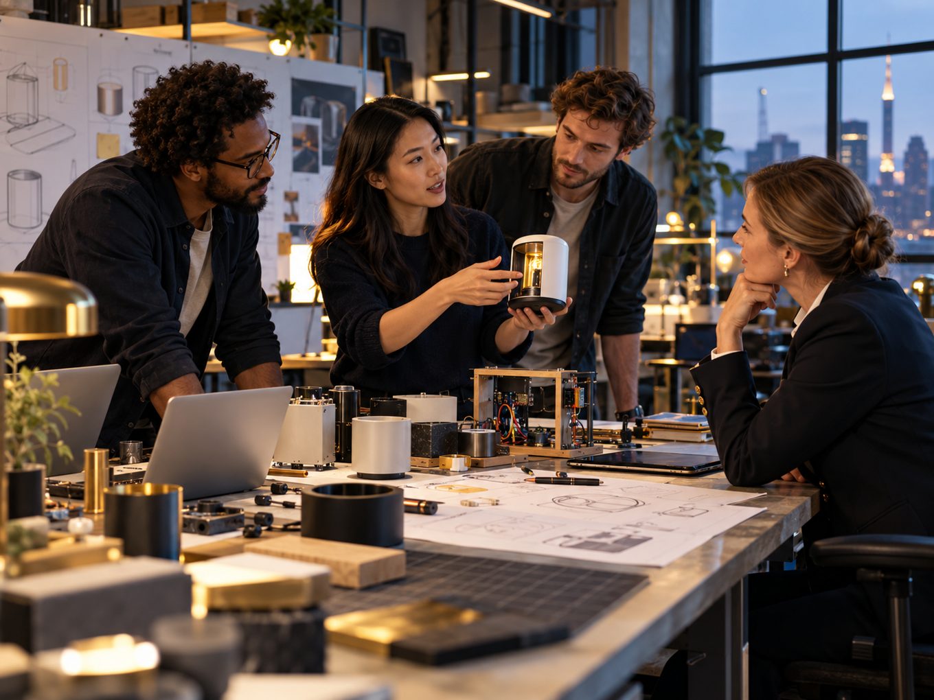 Startup founders demonstrating a working product prototype to a financing adviser