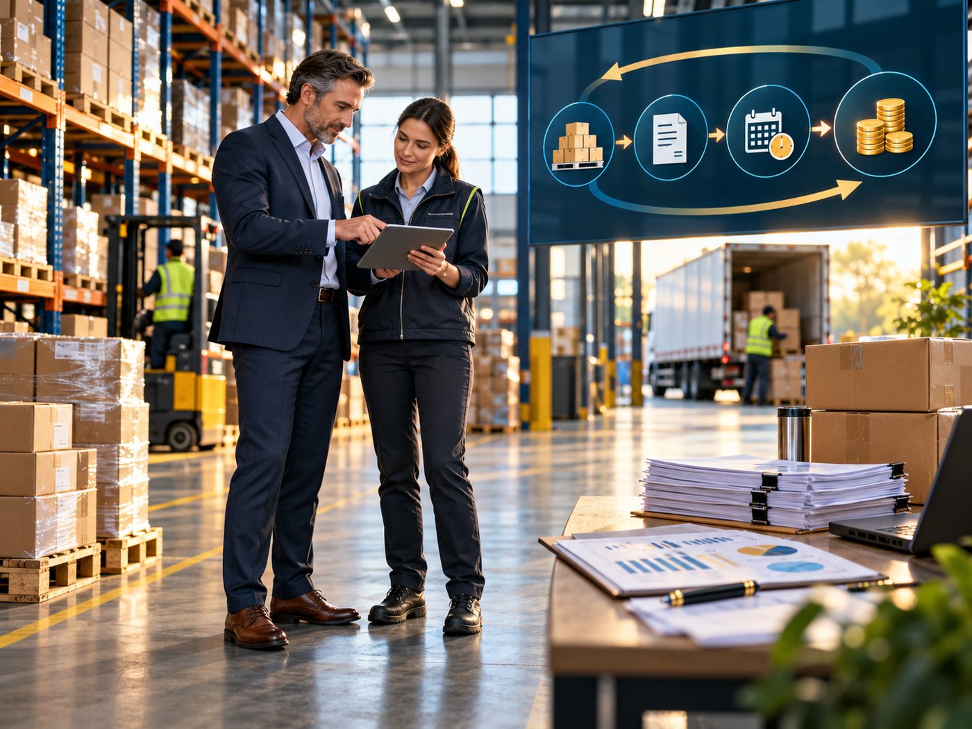 Business and operations leaders reviewing inventory and cash conversion in a warehouse